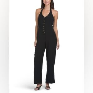 NWT -Hunter & Brown Black Halter Neck Button Front Smocked Back Jumpsuit-Size XL